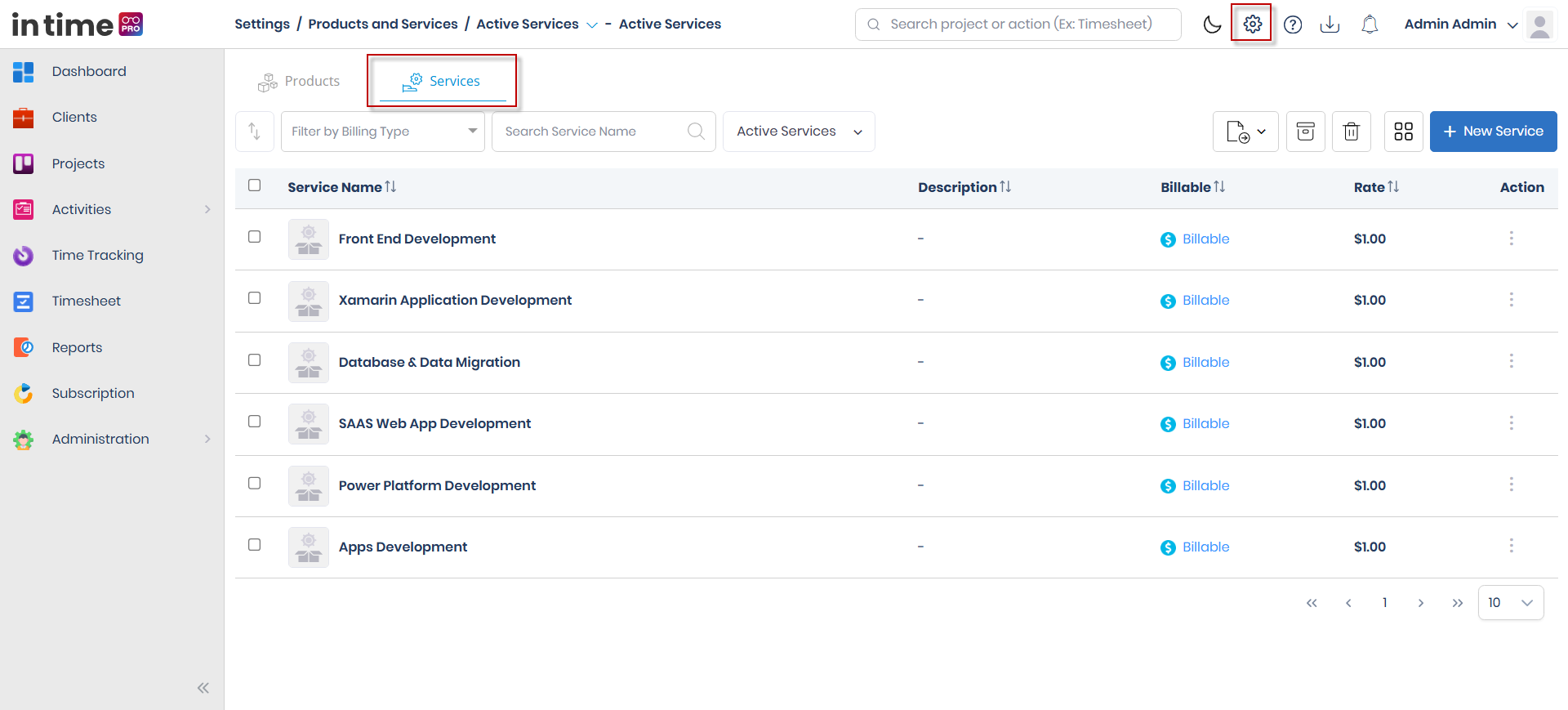 Services tab's Active list, including the Billable/Non-Billable column and filter dropdown, and the Add Service action